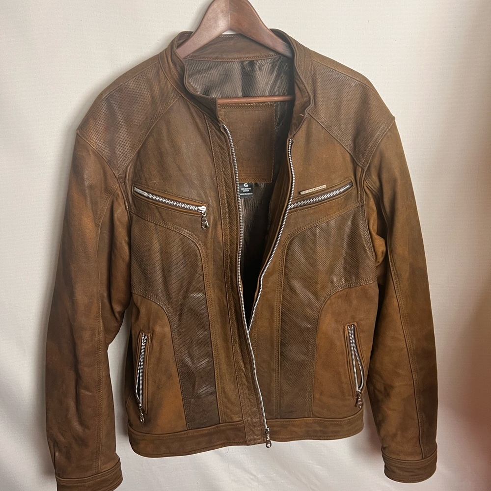 Men's Tan Leather Bomber Jacket - Picture 3 of 10
